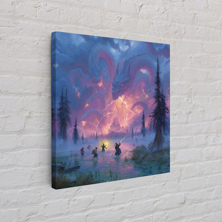 Epic Blue Dragon Battle Over Misty Castle Canvas Print, Fantasy Wall Art, Dungeons And Dragons Decor, Gamer Room Decor Gift