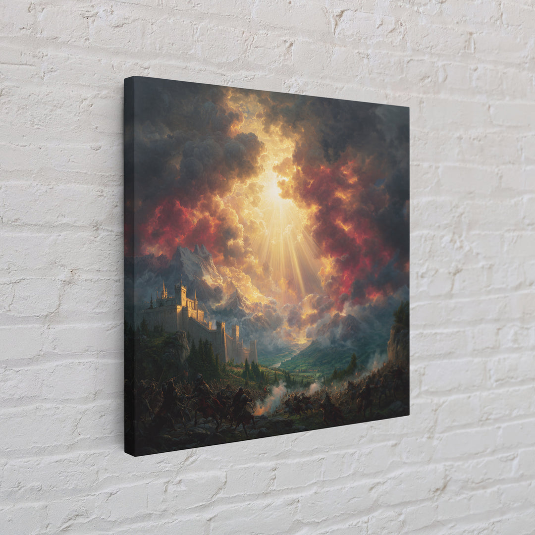 Heavenly Light Over Castle And Mountain Battlefield Wall Art, Epic Fantasy Canvas Print, Dramatic Landscape Home Decor Gift