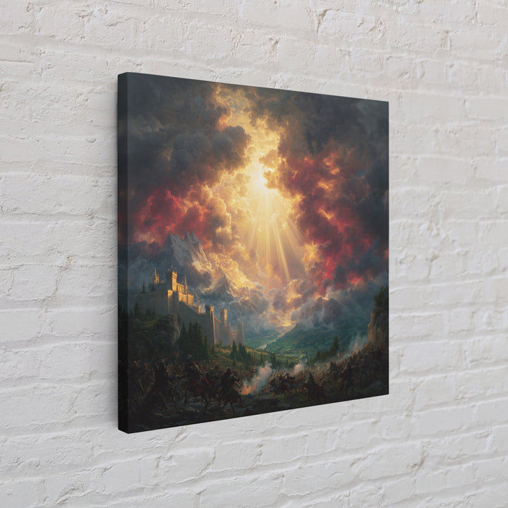 Heavenly Light Over Castle And Mountain Battlefield Wall Art, Epic Fantasy Canvas Print, Dramatic Landscape Home Decor Gift