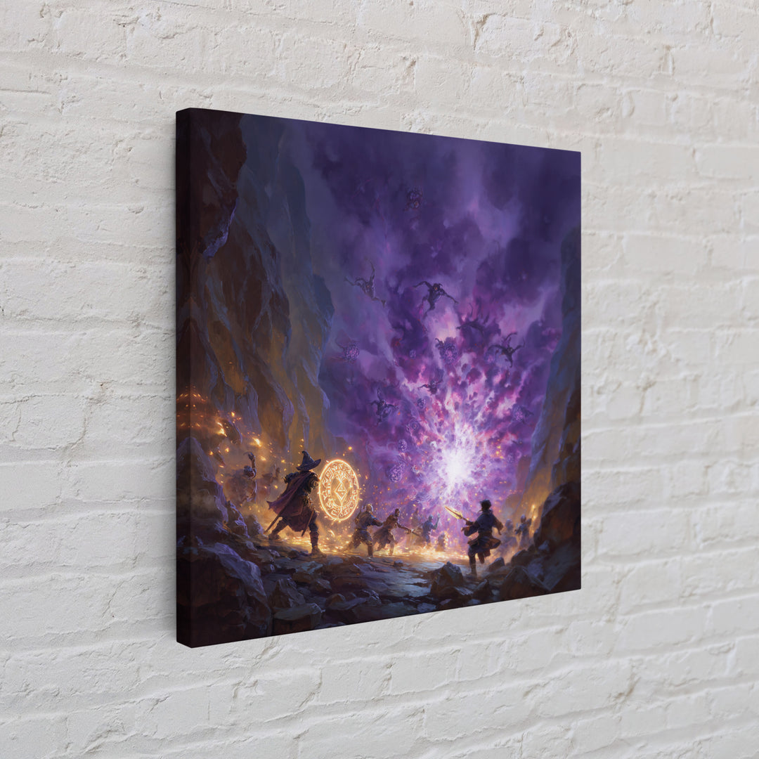 Wizard Party Fighting Purple Demon Portal Wall Art, Dark Fantasy Canvas Print, Dungeons And Dragons Game Room Decor Gift