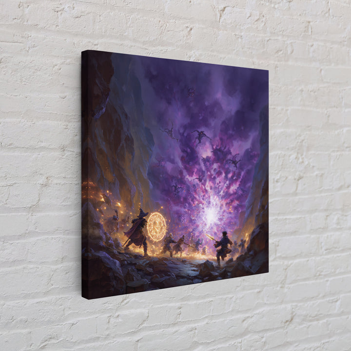 Wizard Party Fighting Purple Demon Portal Wall Art, Dark Fantasy Canvas Print, Dungeons And Dragons Game Room Decor Gift