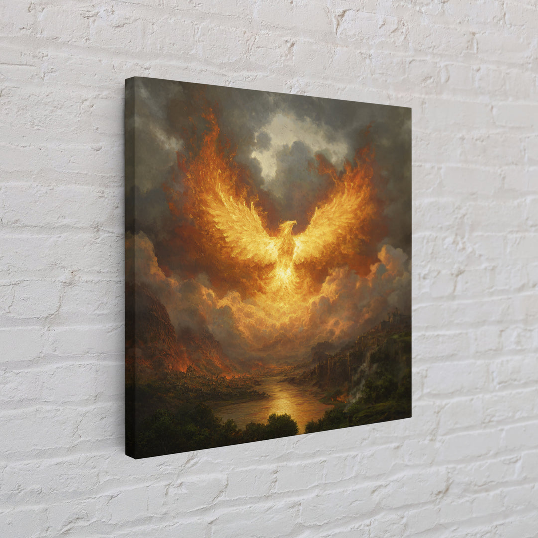 Fiery Phoenix Rising Above Stormy Valley Wall Art, Mythical Fantasy Canvas Print, Dramatic Firebird Epic Home Decor Gift