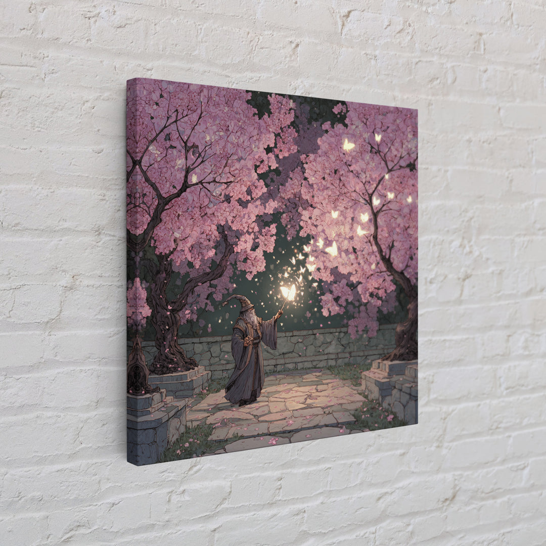Wizard Casting Light Beneath Cherry Blossoms Canvas Print, Fantasy Wall Art, Pink Floral Magical Garden Home Decor, Unique Gift