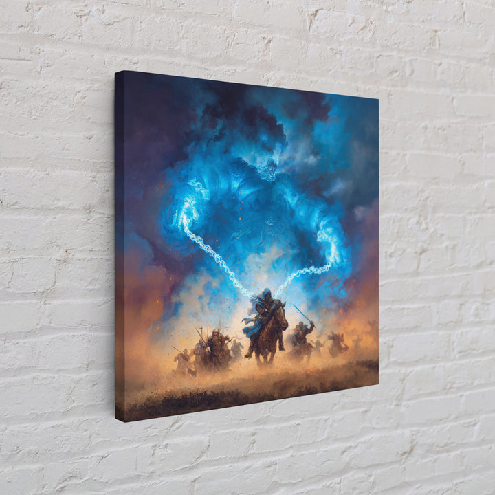Blue Storm Giant Battle Wall Art, Epic Fantasy Canvas Print, Dark Wizard Decor, Medieval Warrior Gift, Moody Game Room Art