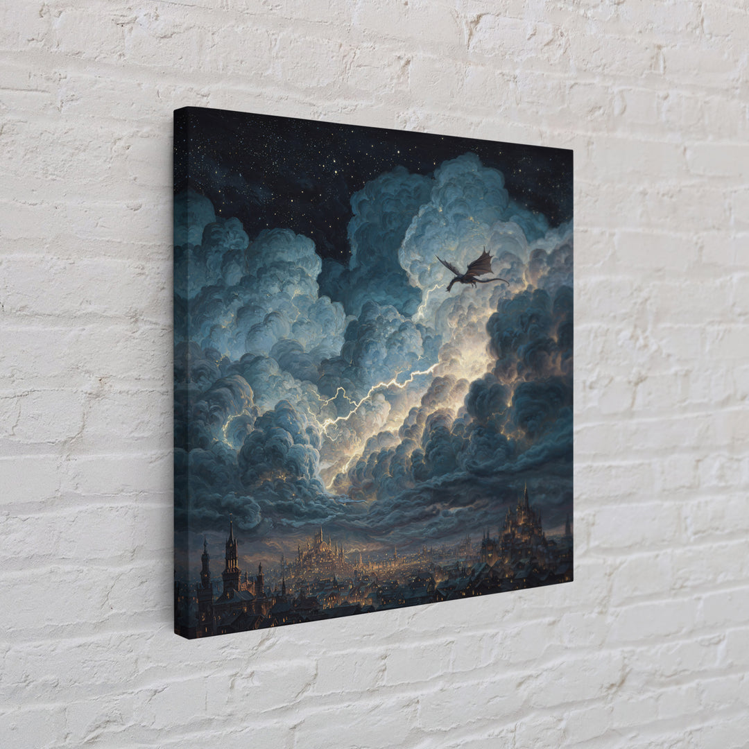 Night Dragon Storm Cloud Wall Art, Fantasy City Canvas Print, Gothic Castle Decor, Moody Sky Art, Gift For Dragon Lovers