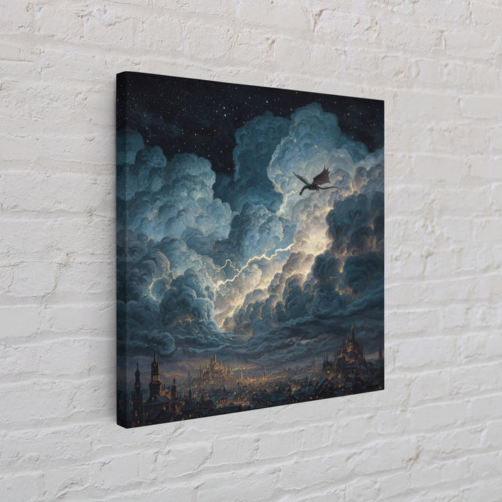 Night Dragon Storm Cloud Wall Art, Fantasy City Canvas Print, Gothic Castle Decor, Moody Sky Art, Gift For Dragon Lovers