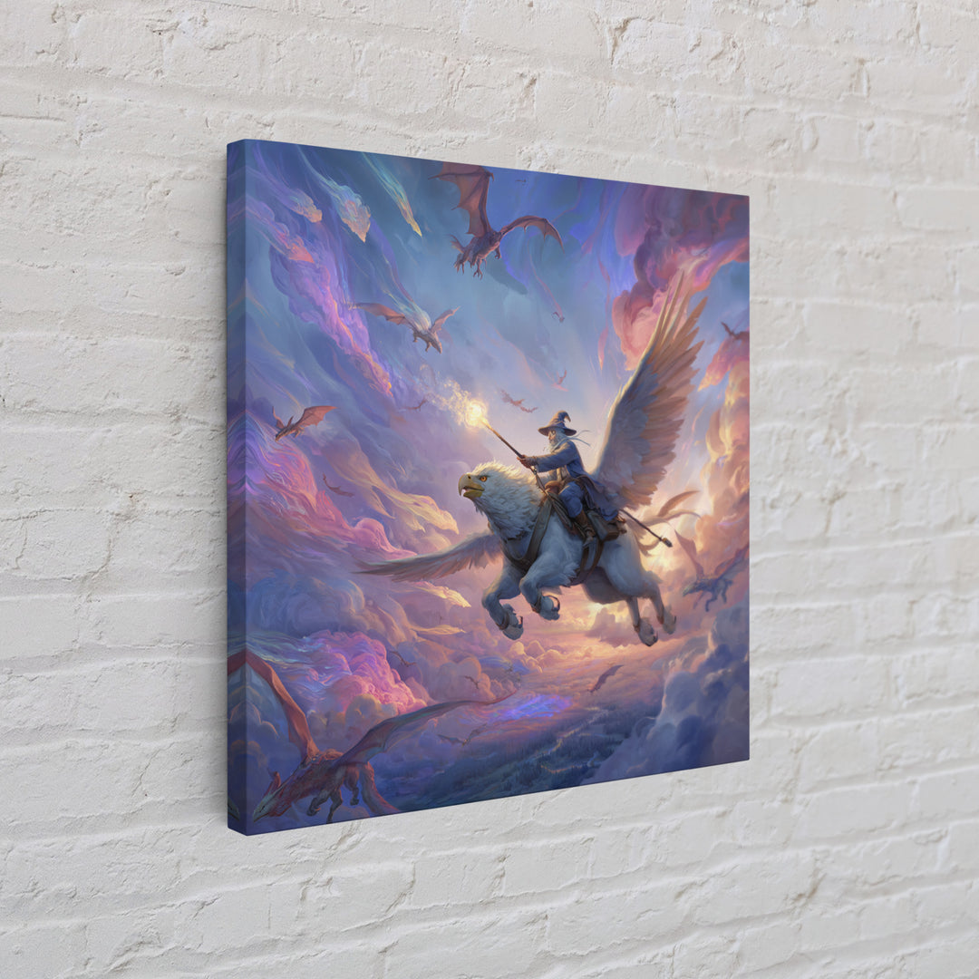 Griffin Rider Sky Battle Wall Art, Whimsical Fantasy Canvas Print, Pastel Dragon Decor, Magical Nursery Or Game Room Art