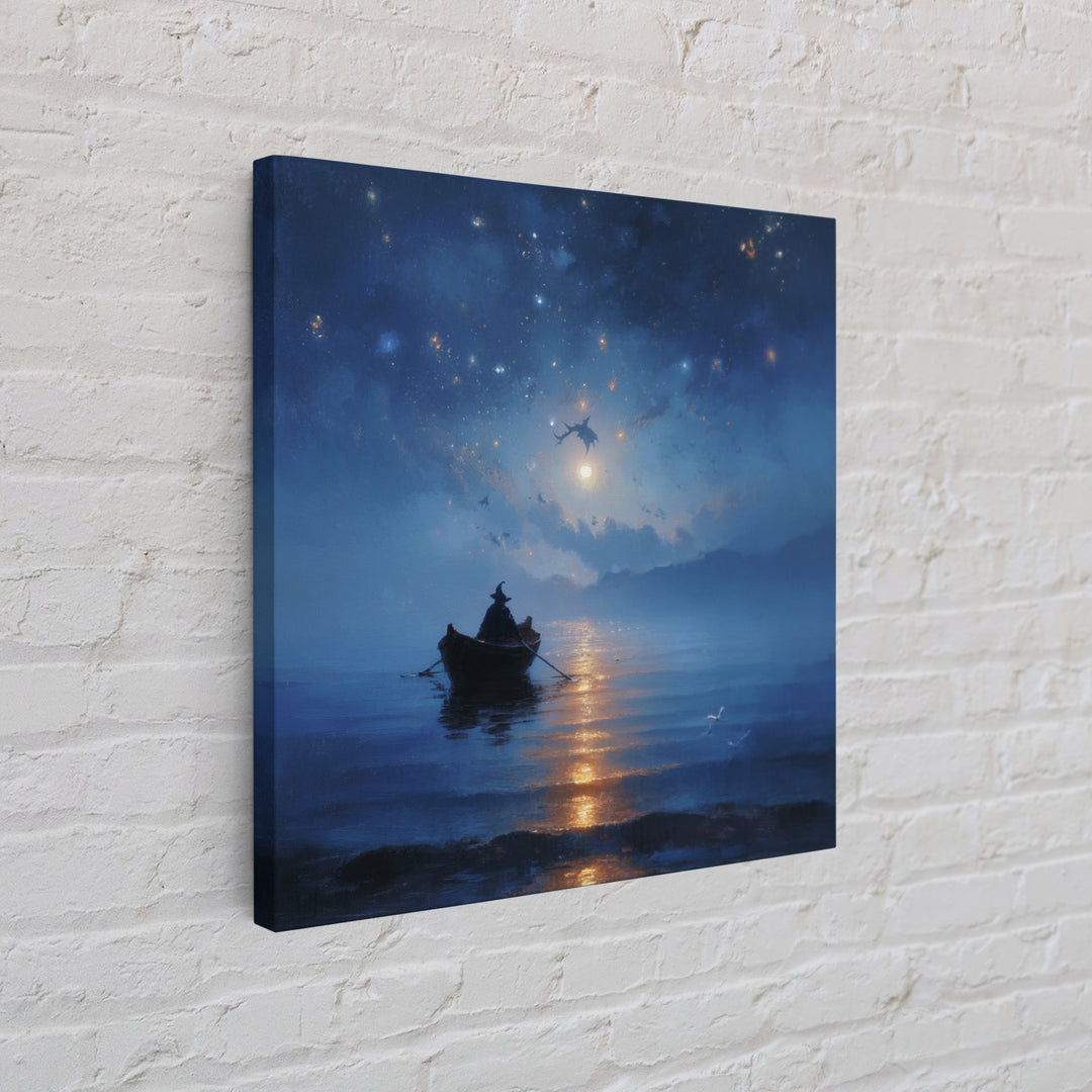 Moonlit Wizard Boat Wall Art, Blue Fantasy Seascape Canvas Print, Celestial Ocean Decor, Dreamy Bedroom Or Office Art Gift