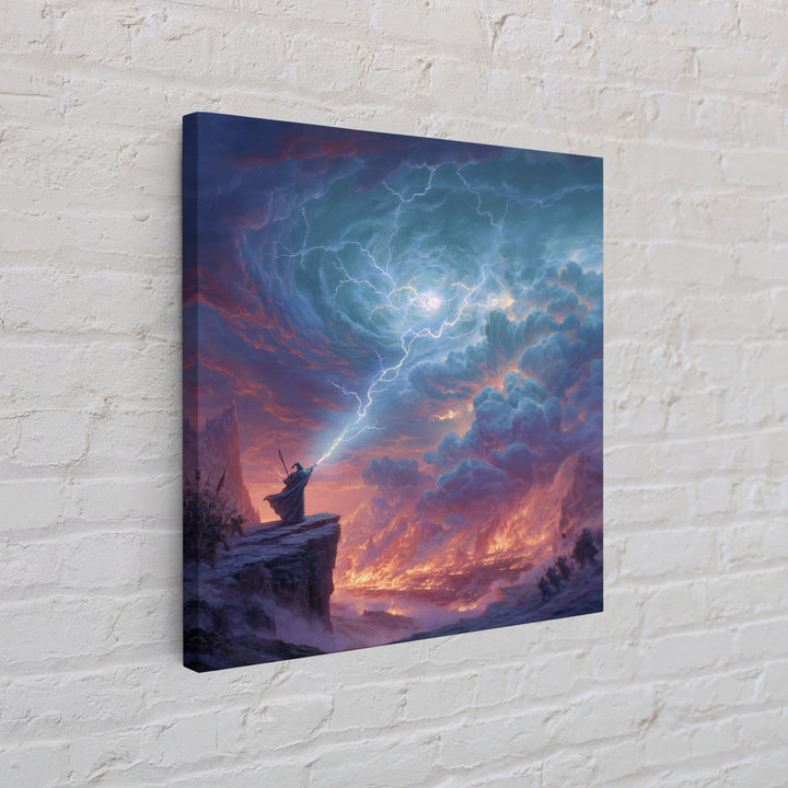 Lightning Wizard Cliff Wall Art, Epic Fantasy Storm Canvas Print, Dramatic Mountain Decor, Dark Magic Gift For Game Room