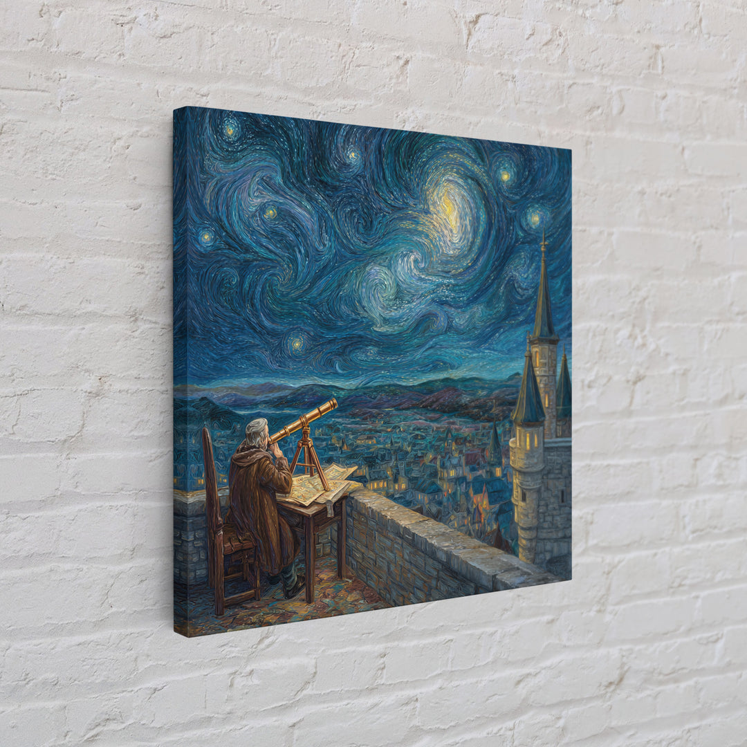 Starry Astronomer Tower Wall Art, Van Gogh Style Canvas Print, Celestial Medieval City Decor, Astronomy Gift For Office Decor