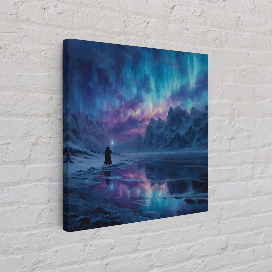 Aurora Mountain Wizard Wall Art, Frozen Fantasy Landscape Canvas Print, Northern Lights Decor, Moody Bedroom Or Office Gift