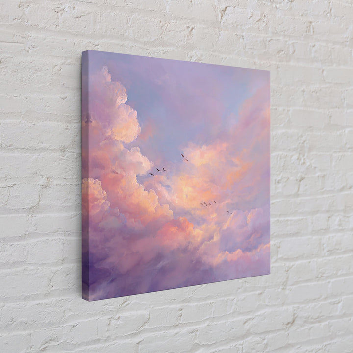Blush Pink Cloudscape With Birds Framed Canvas Print, Pastel Sky Wall Art For Nursery Decor And Calming Bedroom Decor Gift