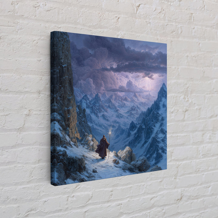 Wizard On Stormy Mountain Pass Wall Art, Fantasy Landscape Painting, Moody Alpine Adventure Decor, Large Living Room Art