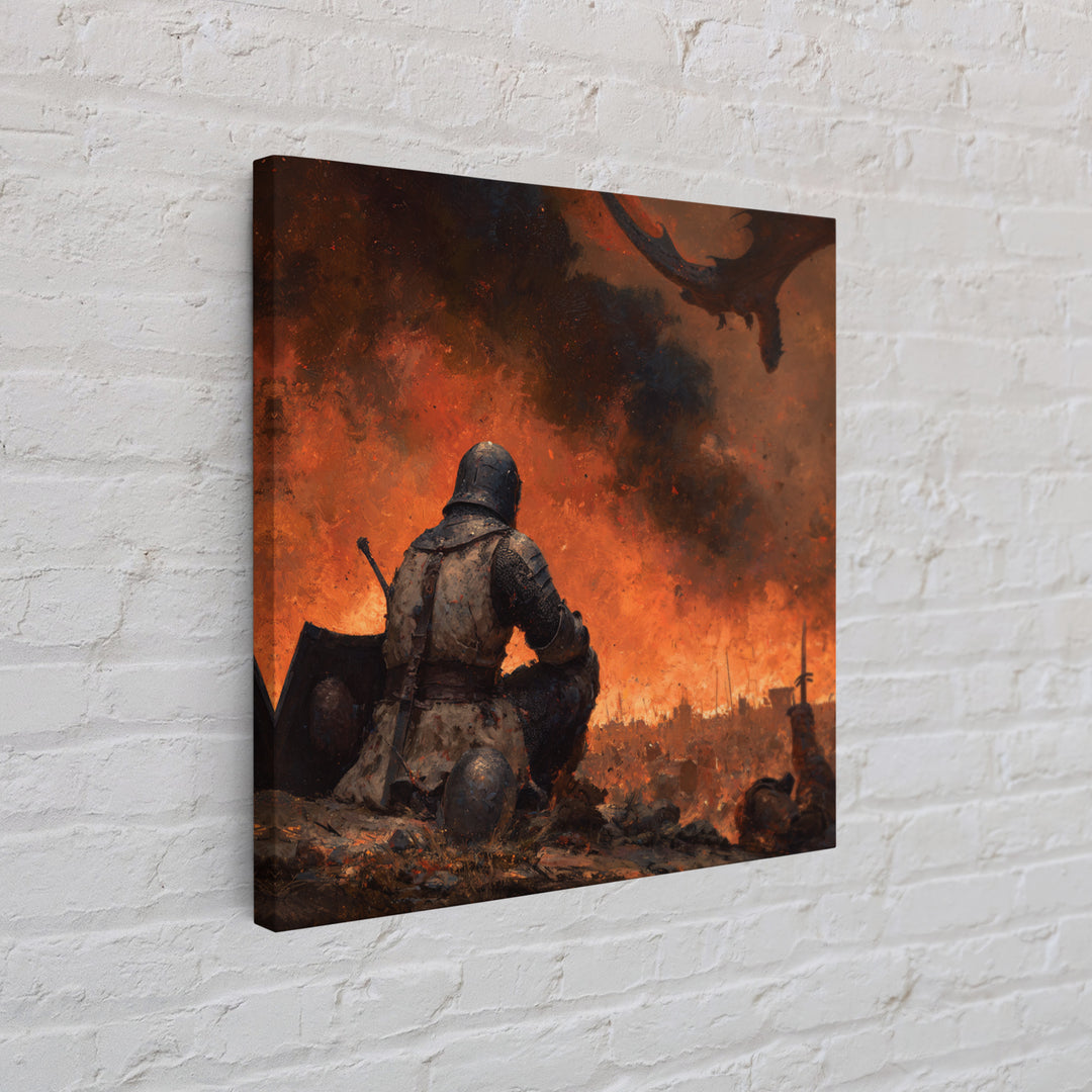 Kneeling Knight Before Dragon Canvas Print, Dark Fantasy Battle Painting, Medieval Warrior Wall Decor, Gothic Adventure Gift For Him