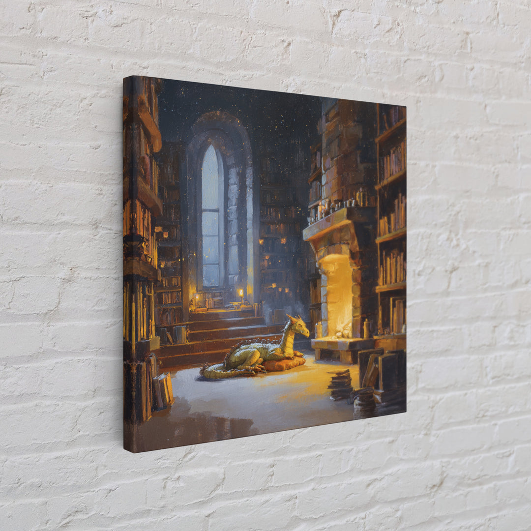 Sleeping Dragon In Magical Library Framed Canvas Print, Fantasy Bookish Wall Art, Cozy Reading Nook Decor Gift For Readers