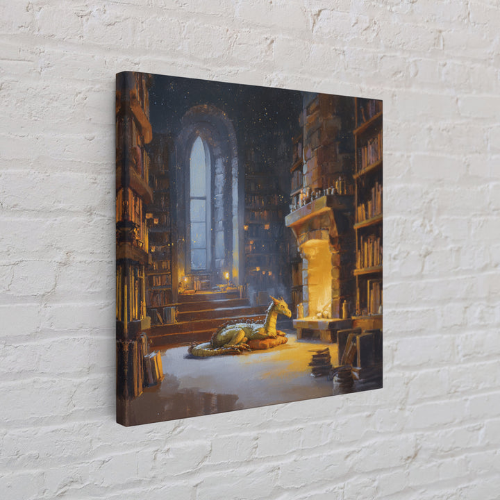 Sleeping Dragon In Magical Library Framed Canvas Print, Fantasy Bookish Wall Art, Cozy Reading Nook Decor Gift For Readers