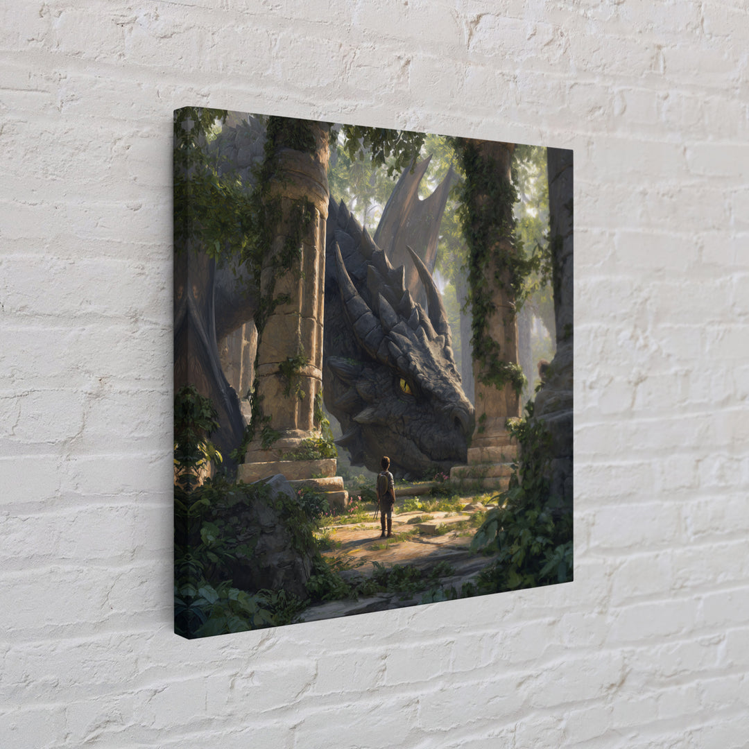 Giant Dragon In Overgrown Ruins Canvas Print, Fantasy Adventure Wall Art, Mythical Creature Decor, Kids Room Decor Gift Idea