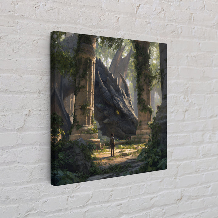 Giant Dragon In Overgrown Ruins Canvas Print, Fantasy Adventure Wall Art, Mythical Creature Decor, Kids Room Decor Gift Idea