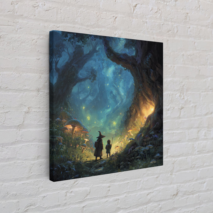 Wizard And Child In Enchanted Forest Wall Art, Whimsical Fantasy Painting, Mushroom Woodland Decor, Magical Kids Room Art