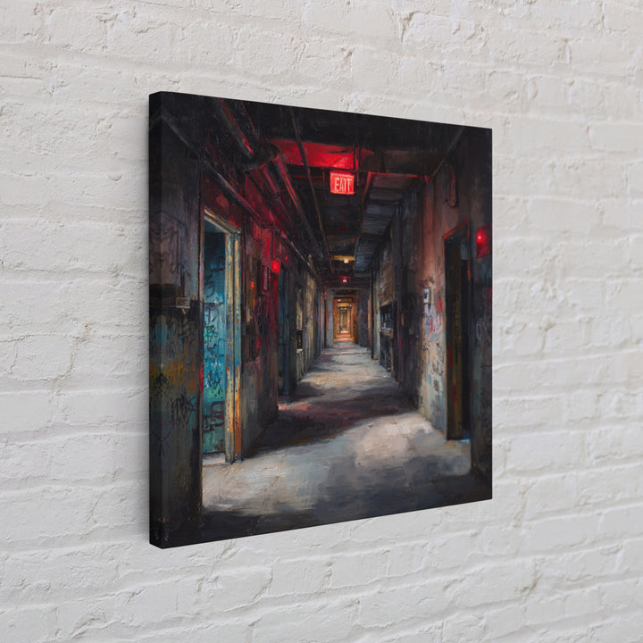 Dark Abandoned Corridor Wall Art, Moody Urban Exploration Painting, Industrial Gothic Decor, Graffiti Hallway Office Art