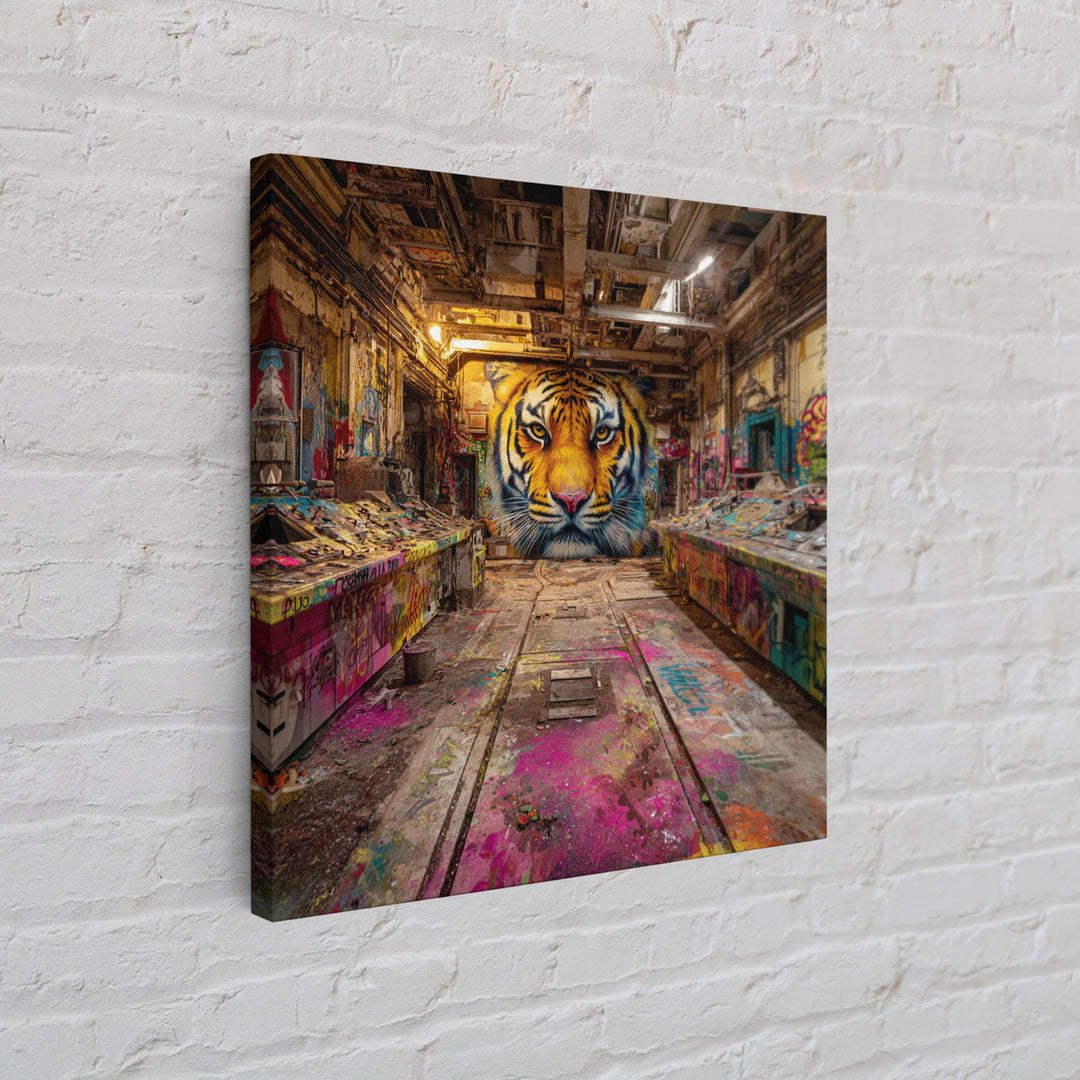 Tiger Graffiti Mural In Abandoned Factory Canvas Print, Urban Street Art, Wildlife Wall Art, Bold Industrial Loft Decor Gift