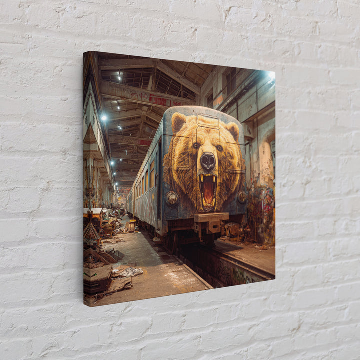 Roaring Bear Train Mural Canvas Print, Urban Graffiti Wall Art, Industrial Decor, Wildlife Art, Statement Artwork, Man Cave Decor