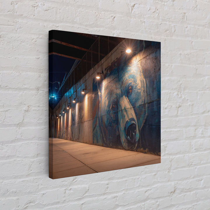 Blue Bear Street Mural Canvas Print, Urban Graffiti Wall Art, Moody City Decor, Wildlife Art, Modern Wall Decor, Night Photography