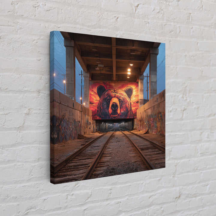 Sunset Bear Railroad Mural Framed Canvas Print, Urban Graffiti Wall Art, Industrial Decor, Wildlife Statement Art, Man Cave Decor