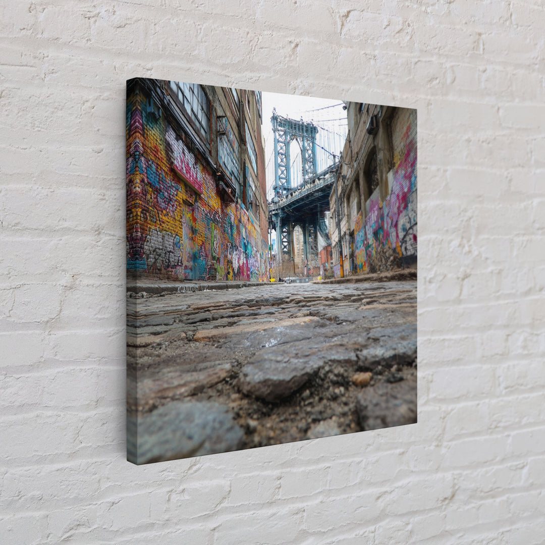 Cobblestone Alley And Bridge Wall Art, Urban Graffiti Photography Print, New York City Decor, Industrial Wall Decor, Travel Poster