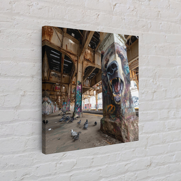 Roaring Bear Pillar Mural Canvas Print, Urban Graffiti Wall Art, Industrial Decor, Wildlife Art, Bold Animal Decor, Man Cave Decor