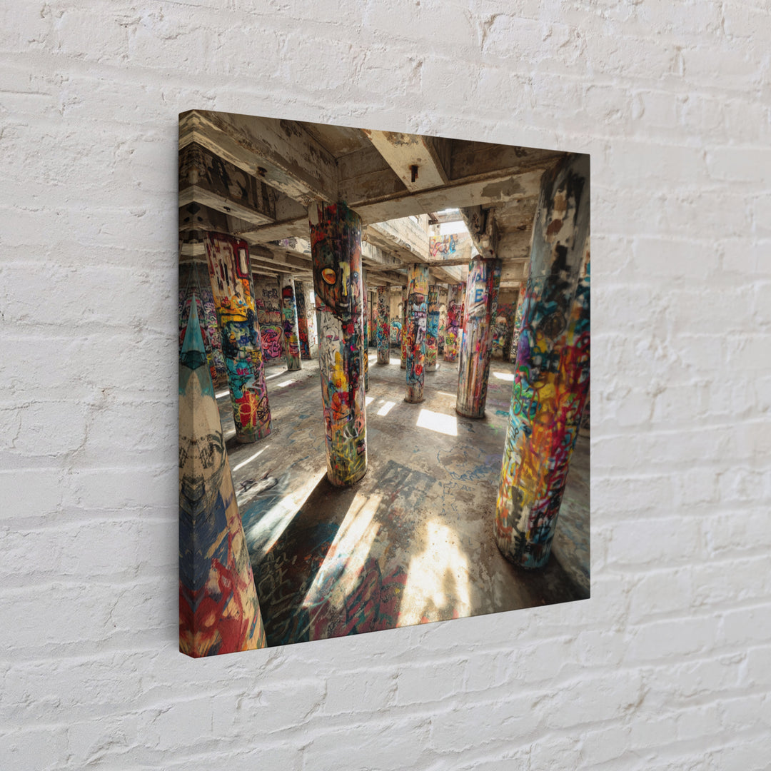 Graffiti Covered Concrete Pillars Canvas Print, Abandoned Warehouse Street Art, Industrial Loft Wall Decor, Urban Home Decor