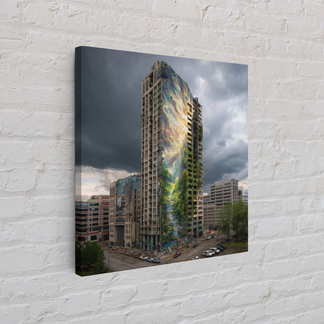 Stormy City Tower With Nature Mural Canvas Print, Urban Architecture Wall Art, Surreal Street Art, Modern Office Decor For Loft