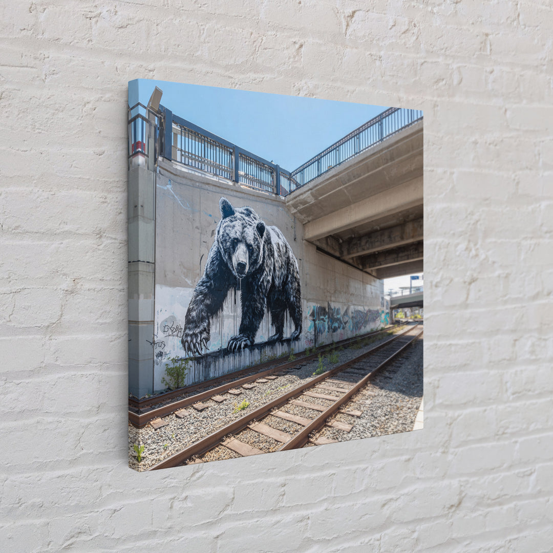 Black Bear Graffiti Mural By Train Tracks Canvas Print, Urban Wildlife Wall Art, Industrial Street Art Decor For Modern Loft