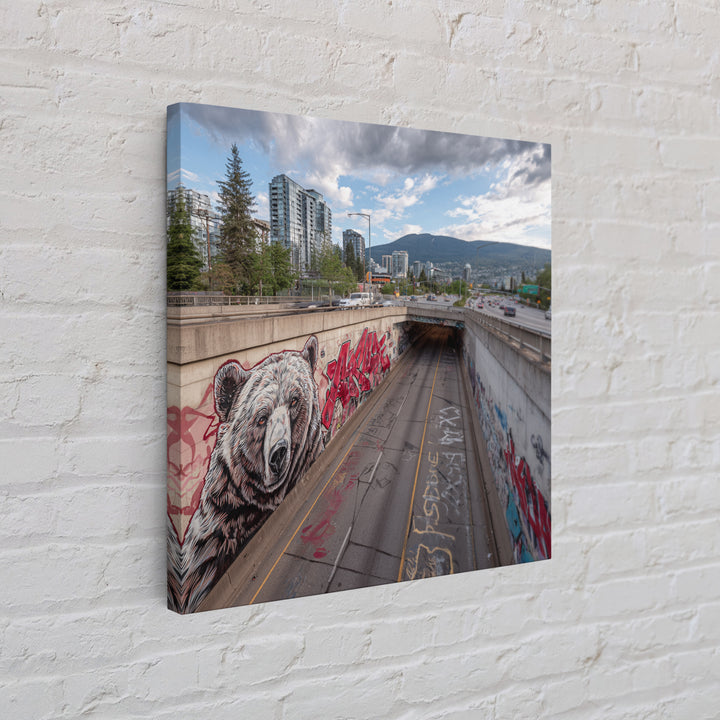 Bear Mural Highway Underpass Cityscape Wall Art, Urban Wildlife Print, Mountain Landscape Decor, Graffiti Street Photography