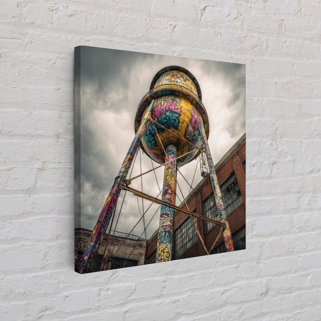 Graffiti Water Tower Under Stormy Sky Wall Art, Industrial Urban Print, Street Art Photography, Bold Loft Decor For Home