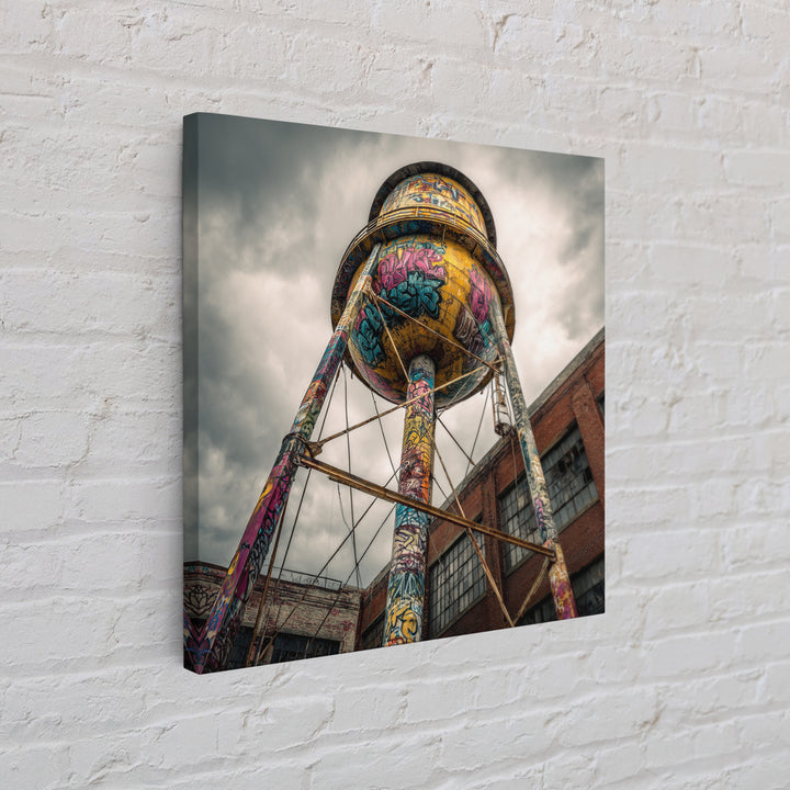 Graffiti Water Tower Under Stormy Sky Wall Art, Industrial Urban Print, Street Art Photography, Bold Loft Decor For Home
