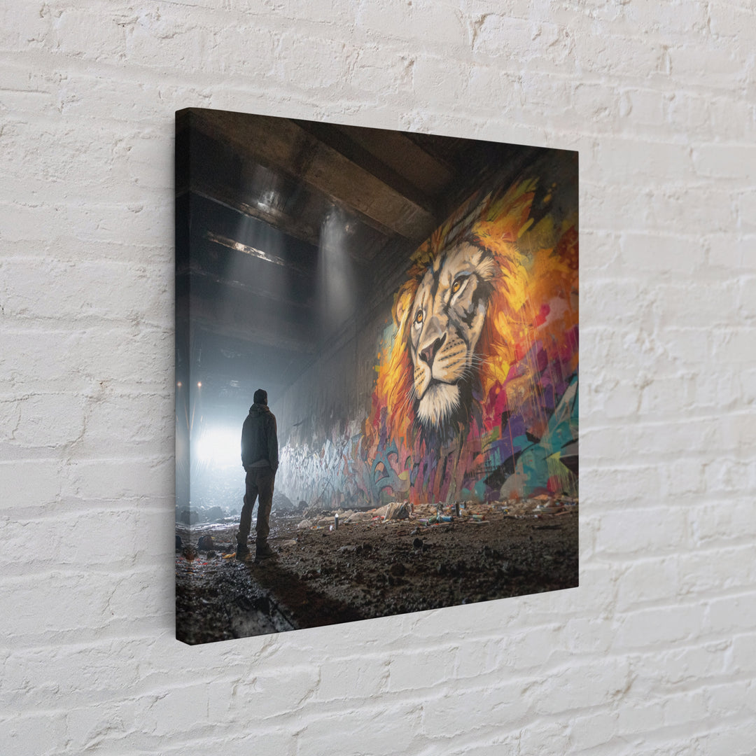 Underground Lion Mural In Shadowed Tunnel Framed Canvas Print, Urban Wildlife Wall Art, Graffiti Decor, Moody Street Photography