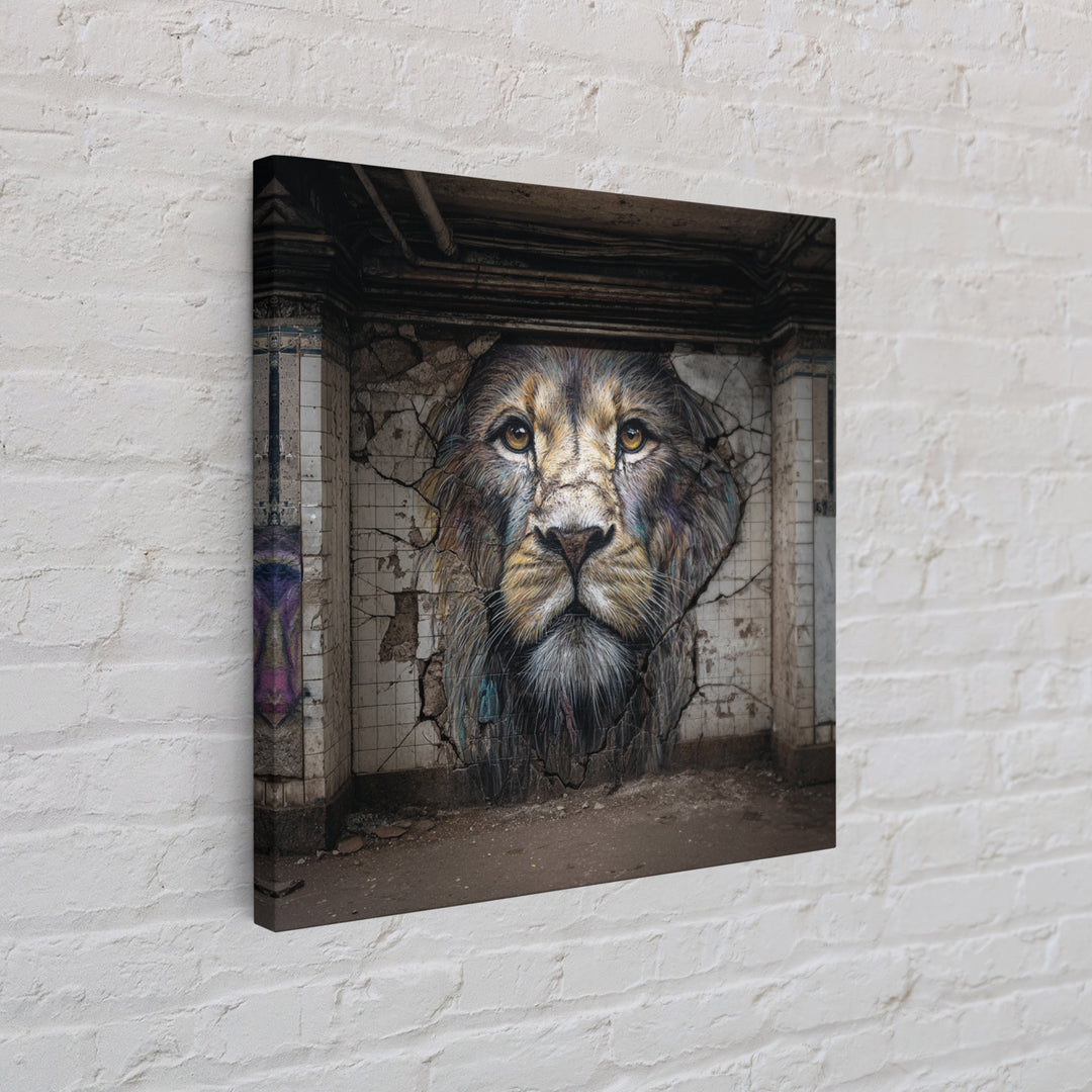 Cracked Wall Lion Portrait Graffiti Wall Art, Abandoned Subway Mural Print, Urban Wildlife Decor, Moody Animal Art For Home