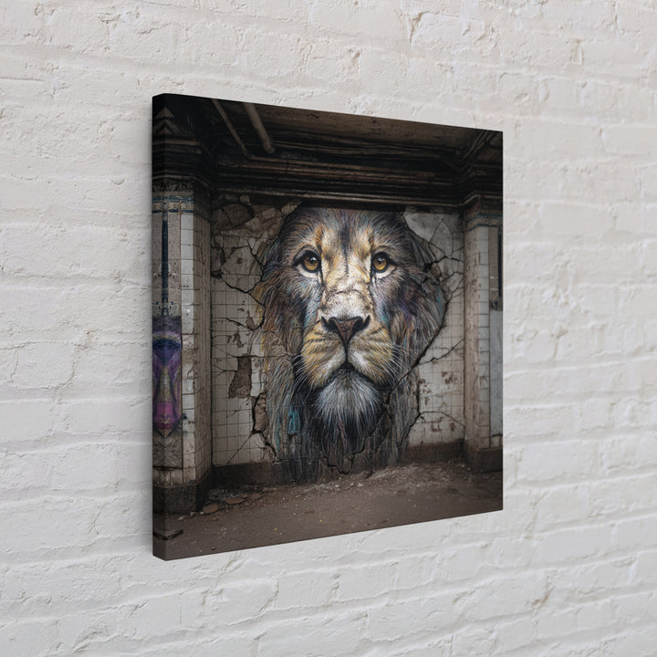 Cracked Wall Lion Portrait Graffiti Wall Art, Abandoned Subway Mural Print, Urban Wildlife Decor, Moody Animal Art For Home