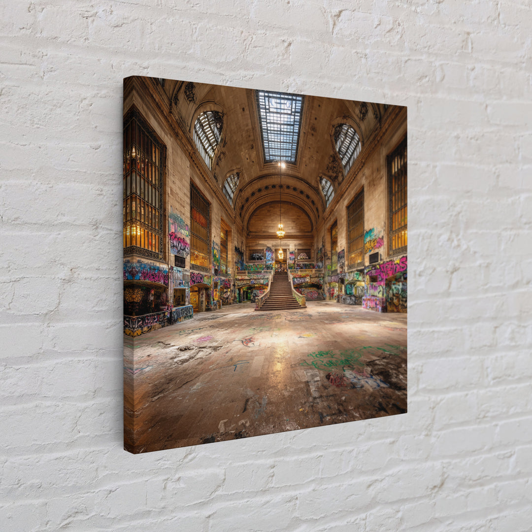 Abandoned Grand Hall Graffiti Framed Canvas Print, Urban Street Art, Industrial Wall Decor, Large Statement Artwork, Modern Home Decor