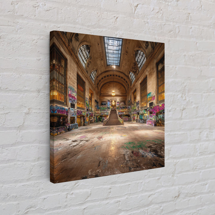 Abandoned Grand Hall Graffiti Framed Canvas Print, Urban Street Art, Industrial Wall Decor, Large Statement Artwork, Modern Home Decor