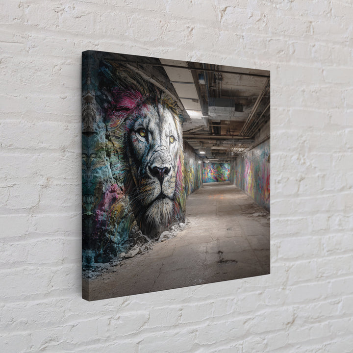 White Lion Graffiti Tunnel Wall Art, Urban Street Art Canvas Print, Wildlife Mural Decor, Industrial Loft Statement Art Gift