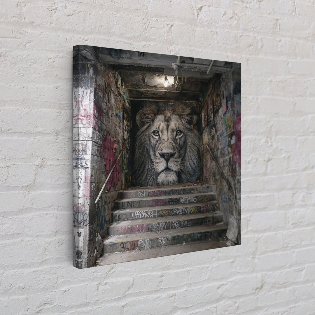 Realistic Lion Stairwell Wall Art, Urban Graffiti Mural Canvas Print, Street Art Decor, Bold Animal Office Poster For Men