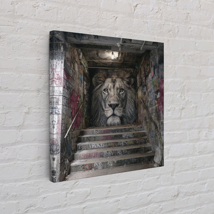 Realistic Lion Stairwell Wall Art, Urban Graffiti Mural Canvas Print, Street Art Decor, Bold Animal Office Poster For Men