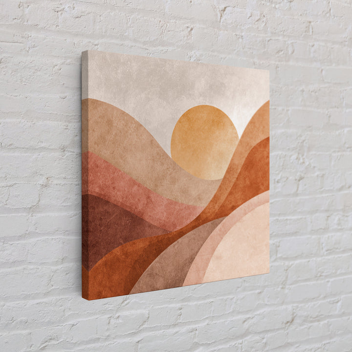 Terracotta Sun Over Abstract Hills Framed Canvas Print, Earth Tone Wall Art For Modern Home Decor And Living Room Wall Decor