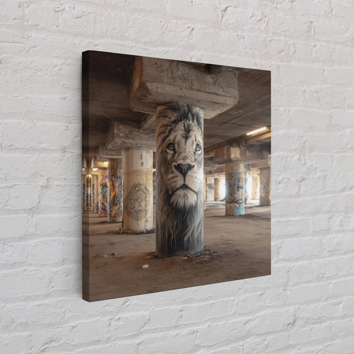 Realistic Lion Portrait On Concrete Pillar Wall Art, Urban Wildlife Canvas Print, Graffiti Decor For Office And Man Cave
