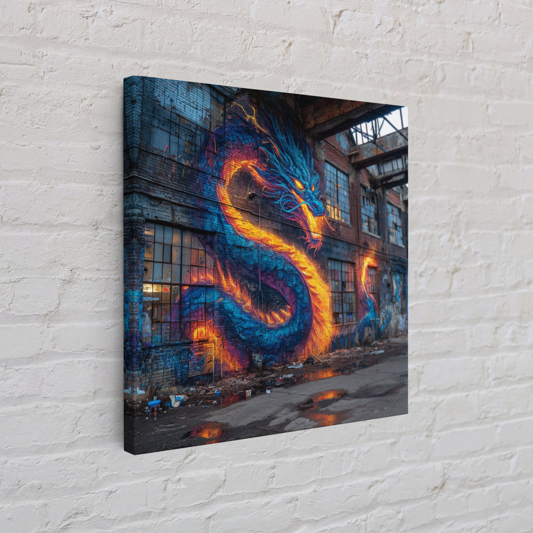 Neon Dragon Graffiti On Abandoned Brick Wall Art, Cyberpunk Street Art Canvas Print, Bold Urban Home Decor Gift For Gamer Room