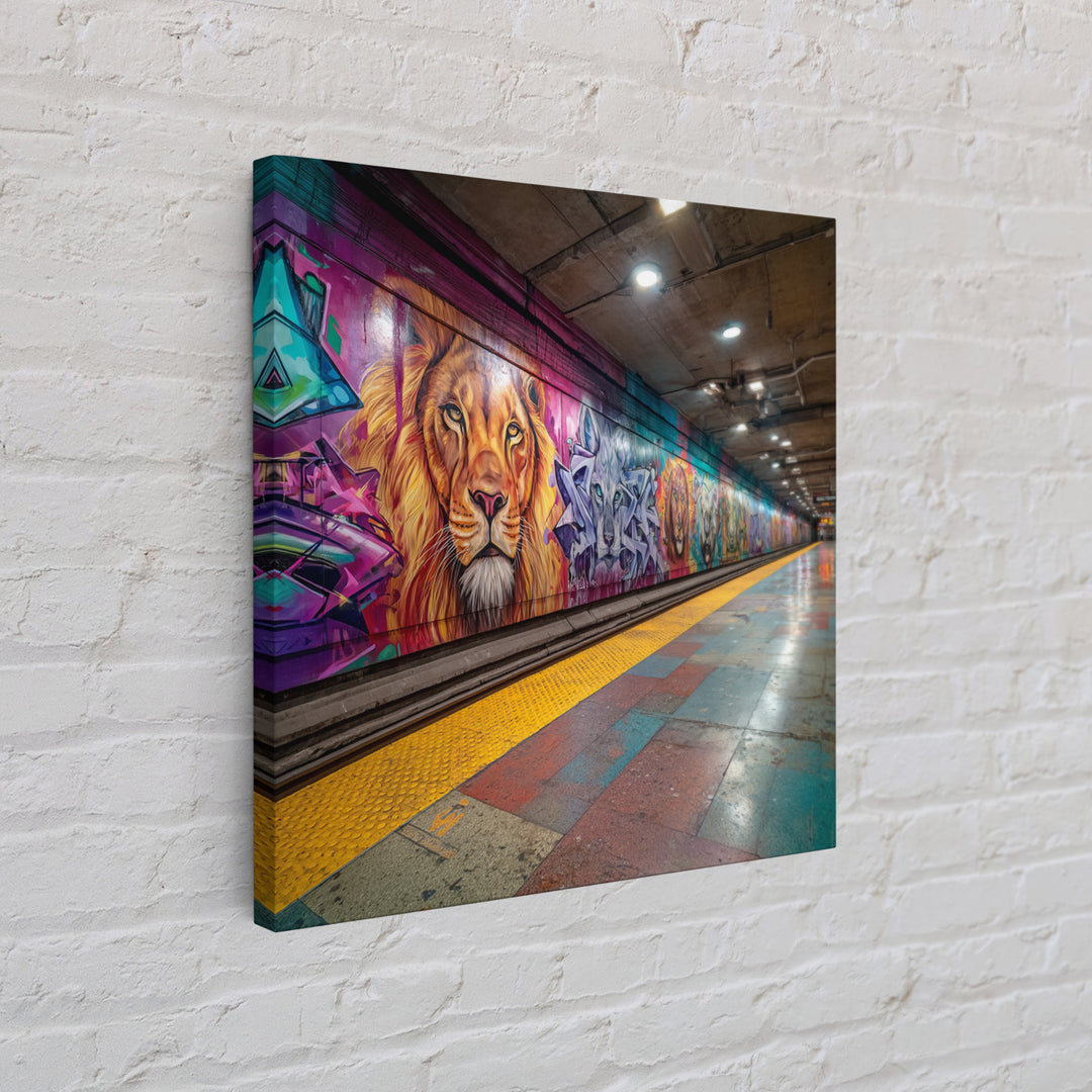 Vivid Lion Graffiti Subway Platform Canvas Print, Urban Street Art For Gaming Room Decor And Bold Modern Home Decor Wall Decor
