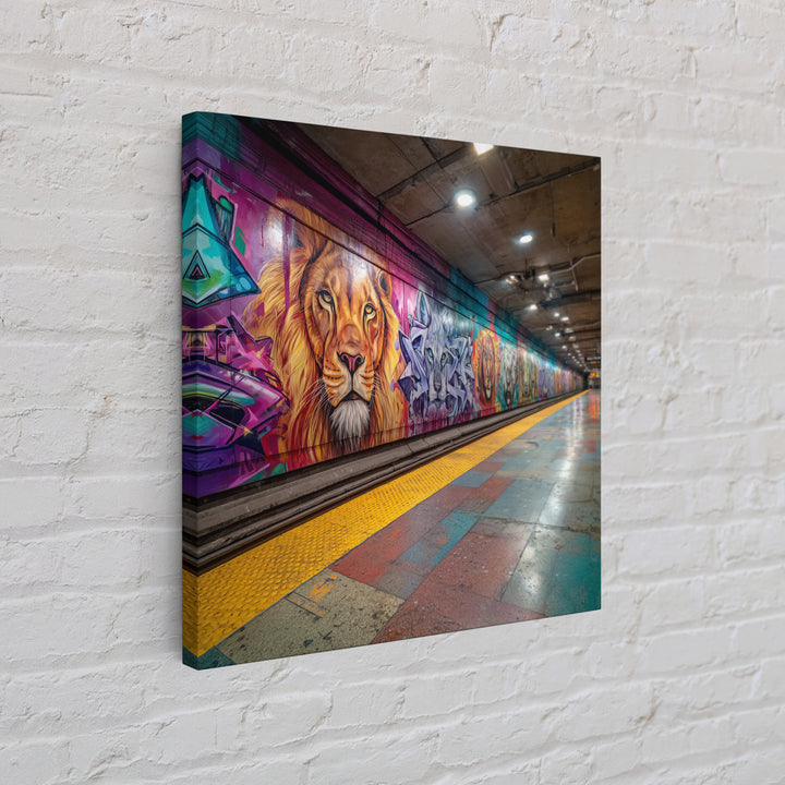 Vivid Lion Graffiti Subway Platform Canvas Print, Urban Street Art For Gaming Room Decor And Bold Modern Home Decor Wall Decor