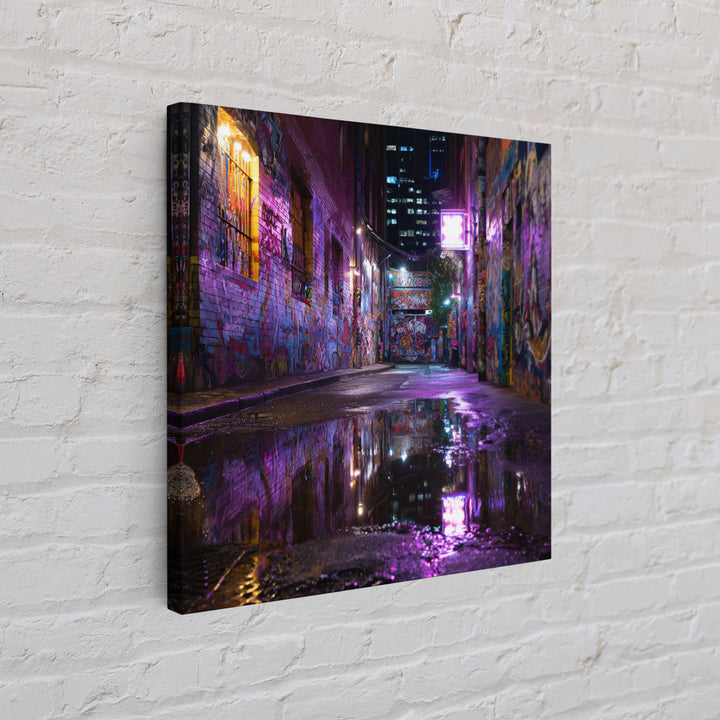 Neon Graffiti Alley Reflections Wall Art, Urban Street Canvas Print, City Night Decor, Edgy Contemporary Office Art Gift